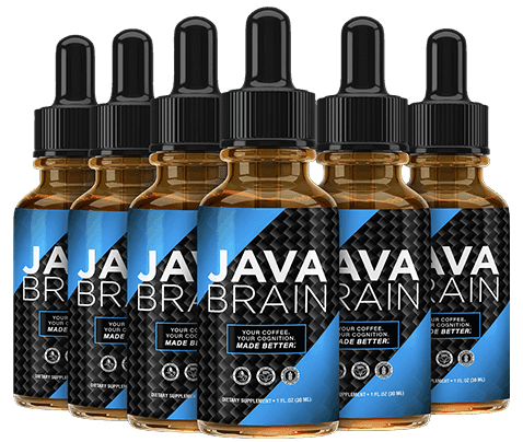 A bottle of Java Brain supplement with a dropper cap, featuring a blue and black label with the product name and tagline.